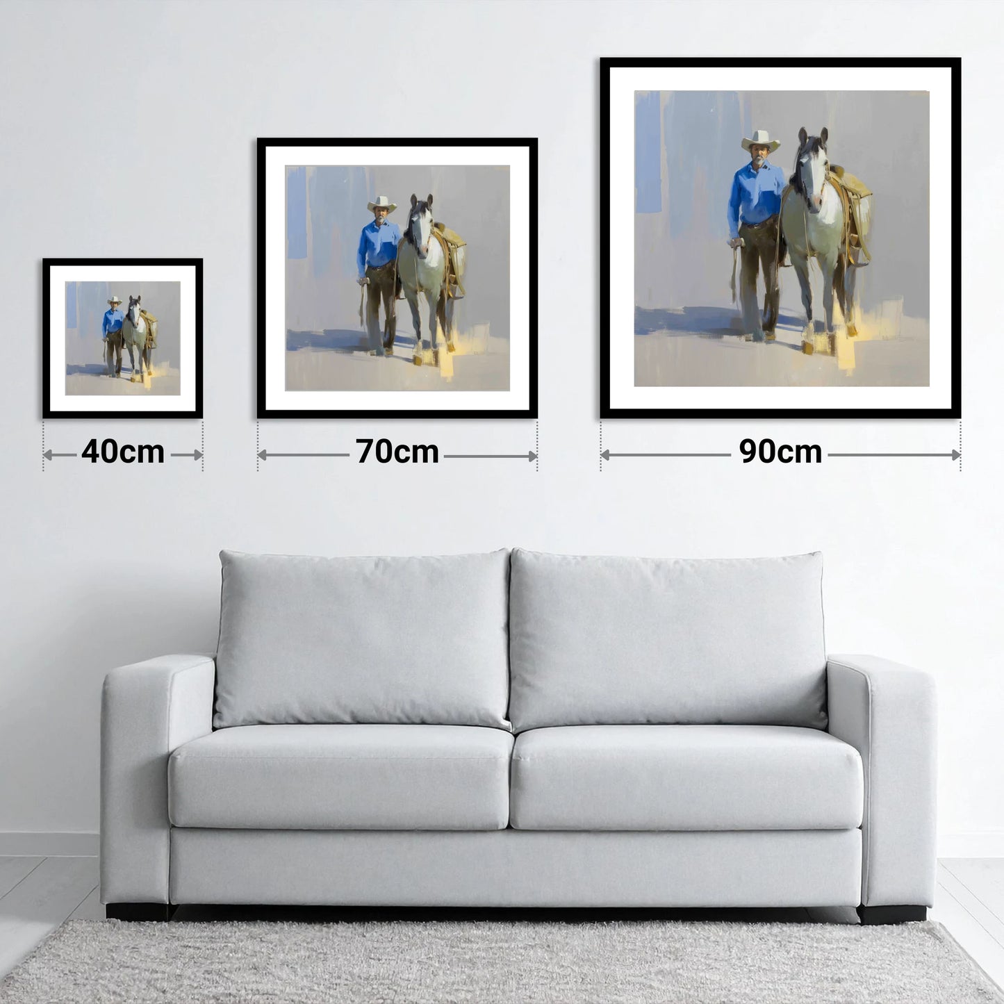 Sunlit Western Walk - size guide showing 40cm, 70cm and 90cm art prints