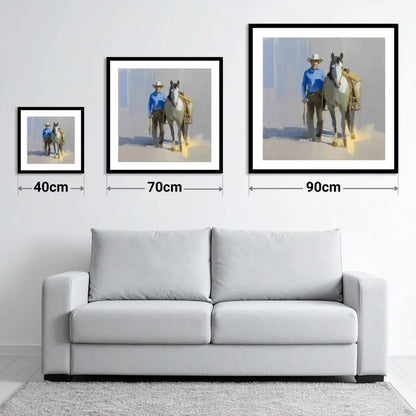 Sunlit Western Walk - size guide showing 40cm, 70cm and 90cm art prints