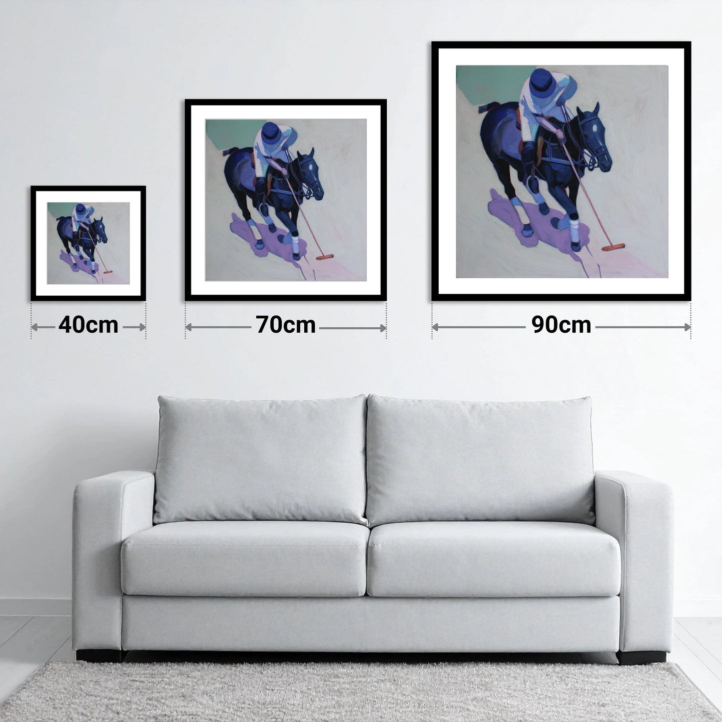 The Indigo Swing - size guide showing 40cm, 70cm and 90cm art prints