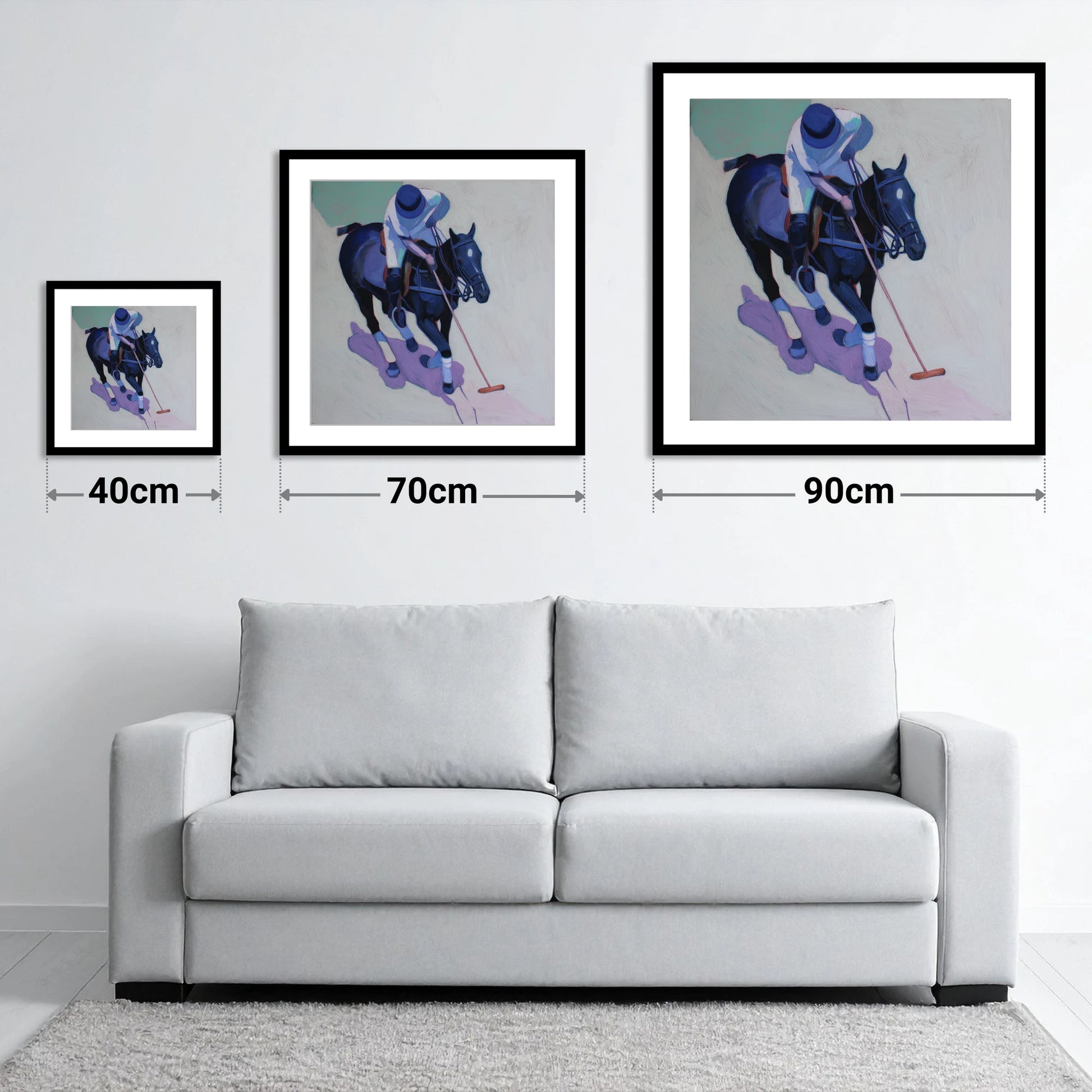 The Indigo Swing - size guide showing 40cm, 70cm and 90cm art prints