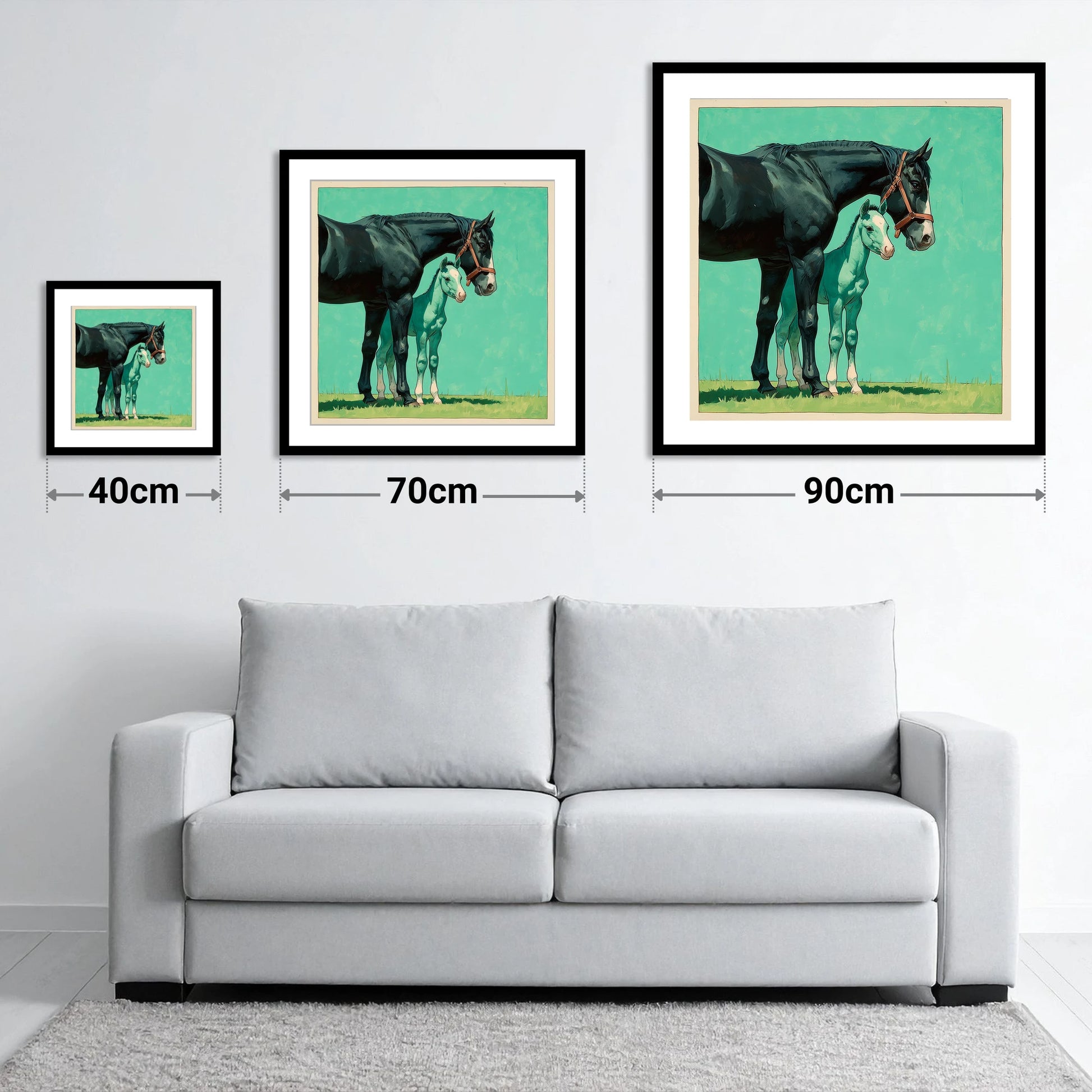 Bond in Vivid Teal - size guide showing 40cm, 70cm and 90cm art prints