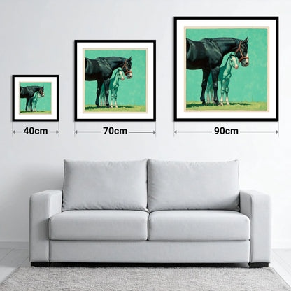 Bond in Vivid Teal - size guide showing 40cm, 70cm and 90cm art prints