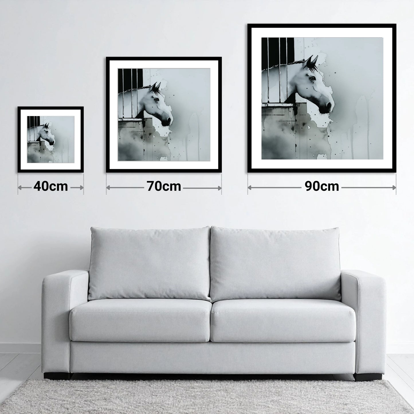 The Quiet Watcher - size guide showing 40cm, 70cm and 90cm art prints