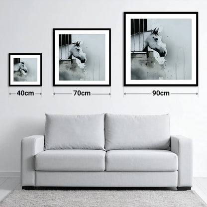 The Quiet Watcher - size guide showing 40cm, 70cm and 90cm art prints