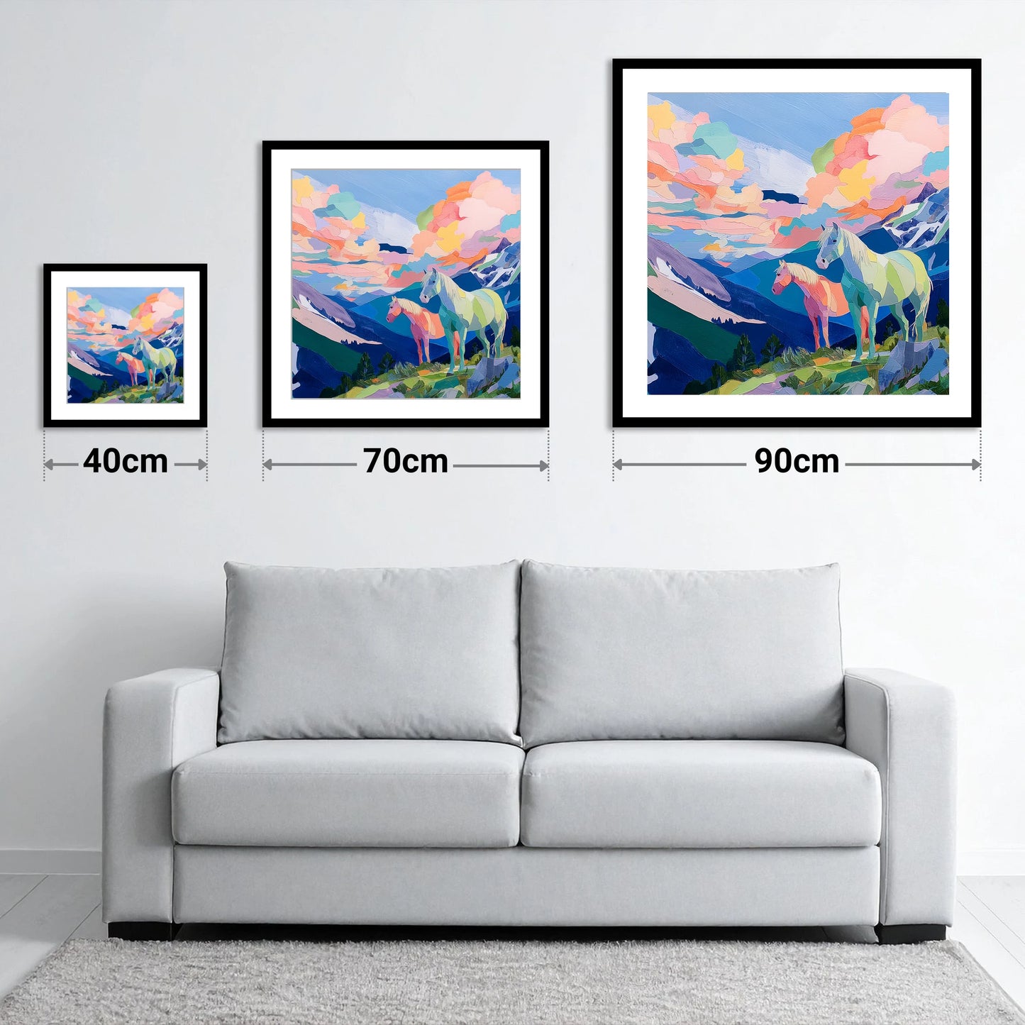 Technicolour Alpine Ridge - size guide showing 40cm, 70cm and 90cm art prints