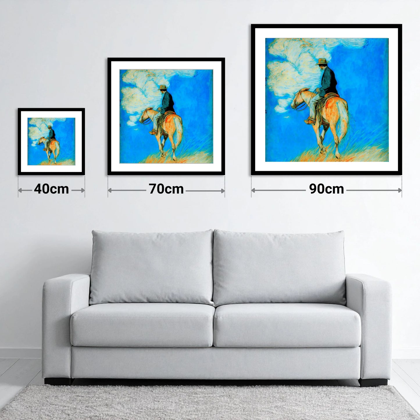Vivid Western Horizon - size guide showing 40cm, 70cm and 90cm art prints
