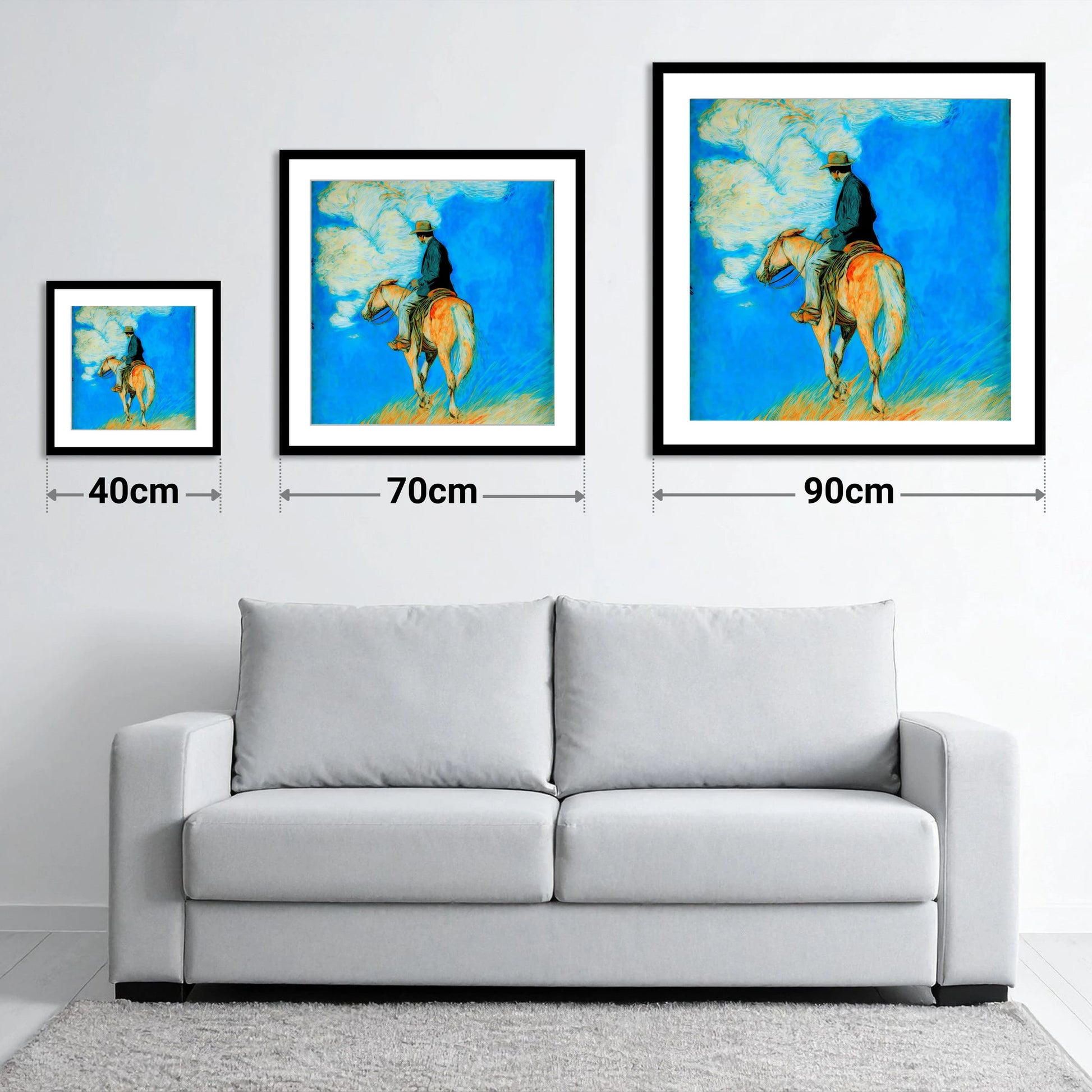Vivid Western Horizon - size guide showing 40cm, 70cm and 90cm art prints