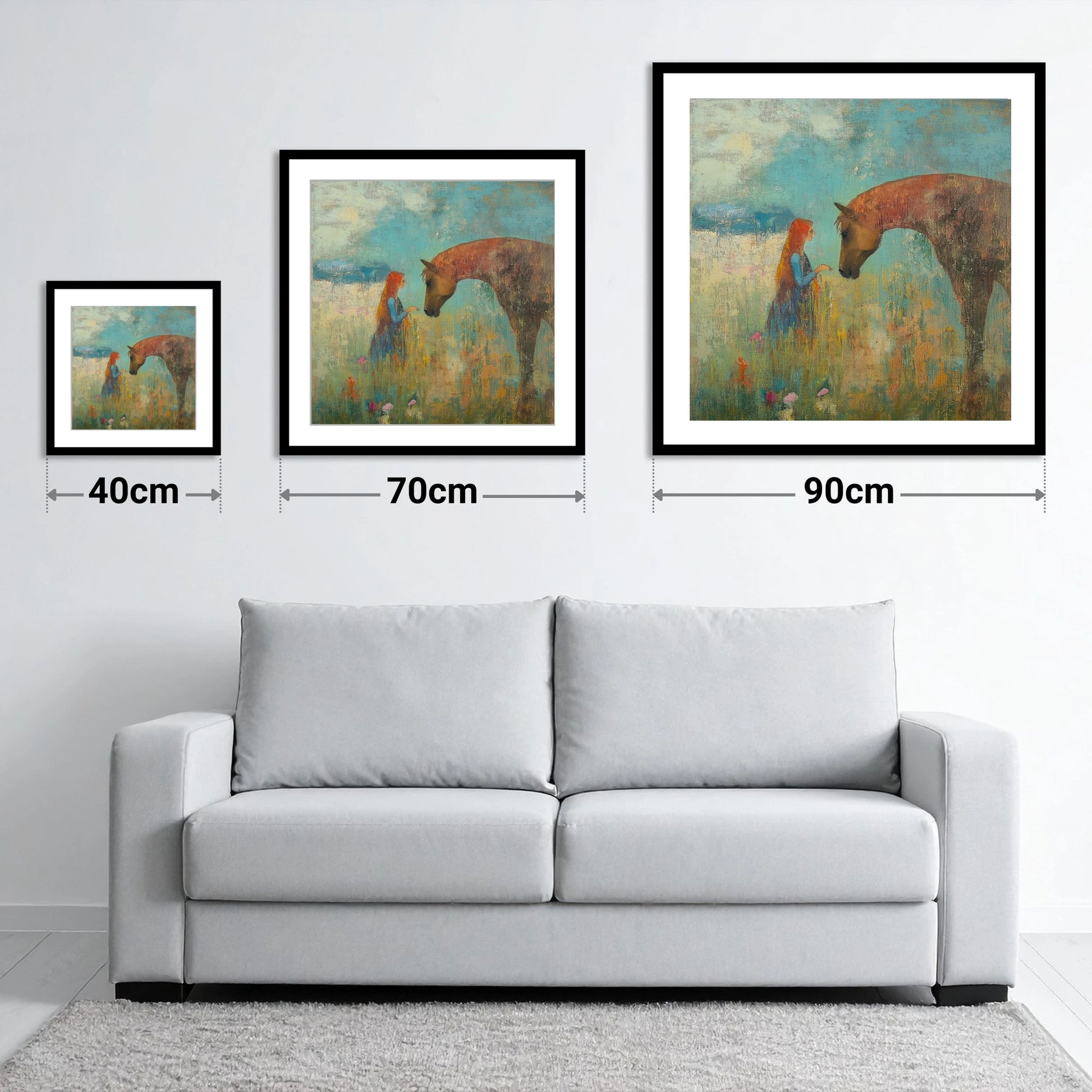 A Quiet Connection - size guide showing 40cm, 70cm and 90cm art prints