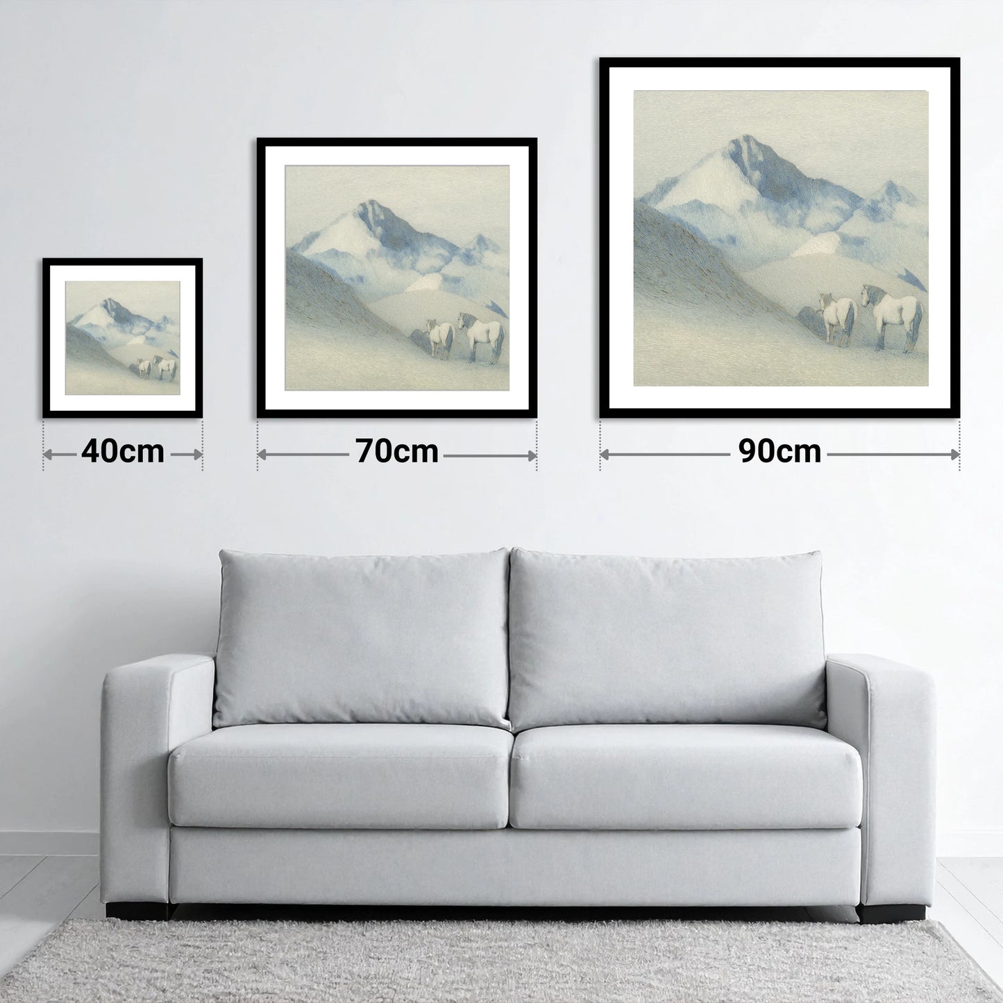 Slate Blue Peaks - size guide showing 40cm, 70cm and 90cm art prints