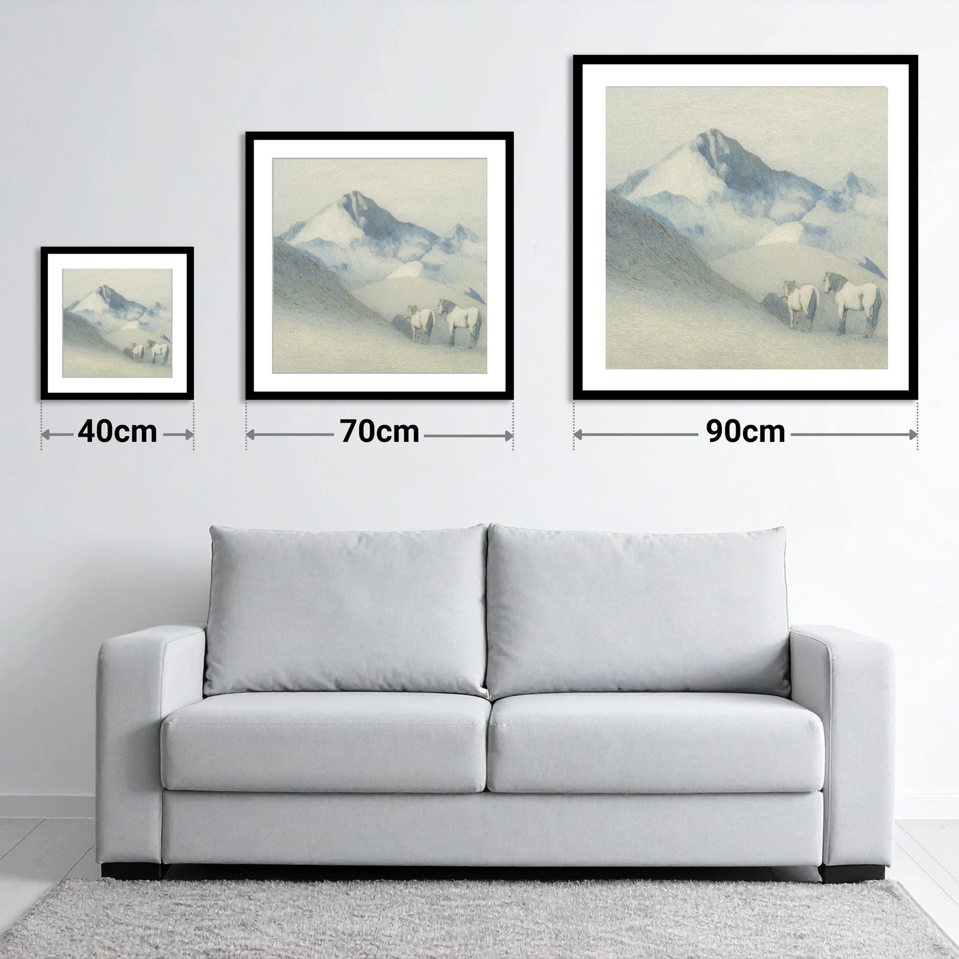 Slate Blue Peaks - size guide showing 40cm, 70cm and 90cm art prints