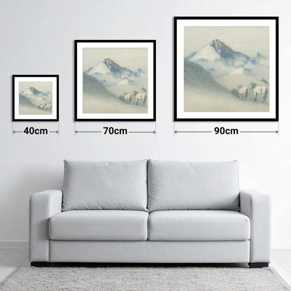 Slate Blue Peaks - size guide showing 40cm, 70cm and 90cm art prints