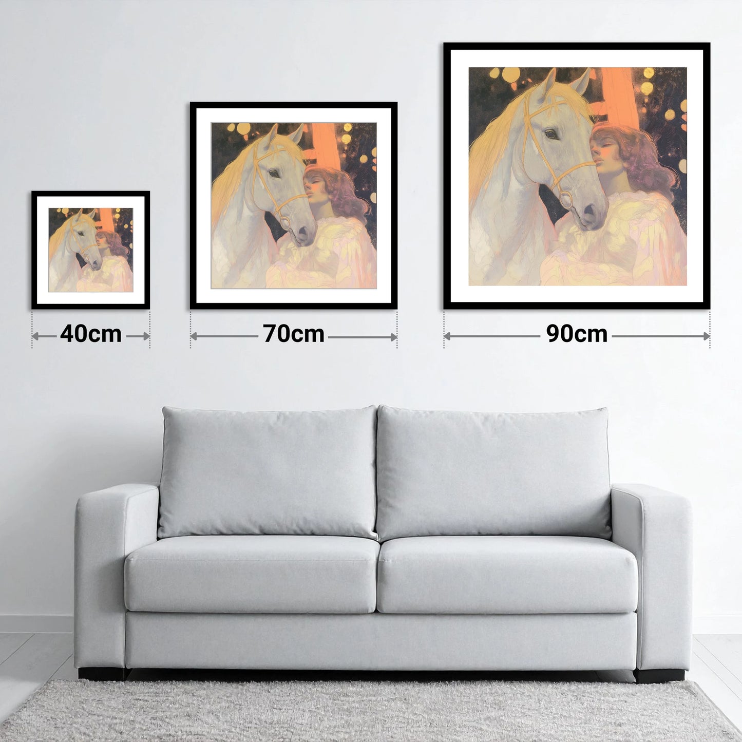 Starlit Bond - size guide showing 40cm, 70cm and 90cm art prints