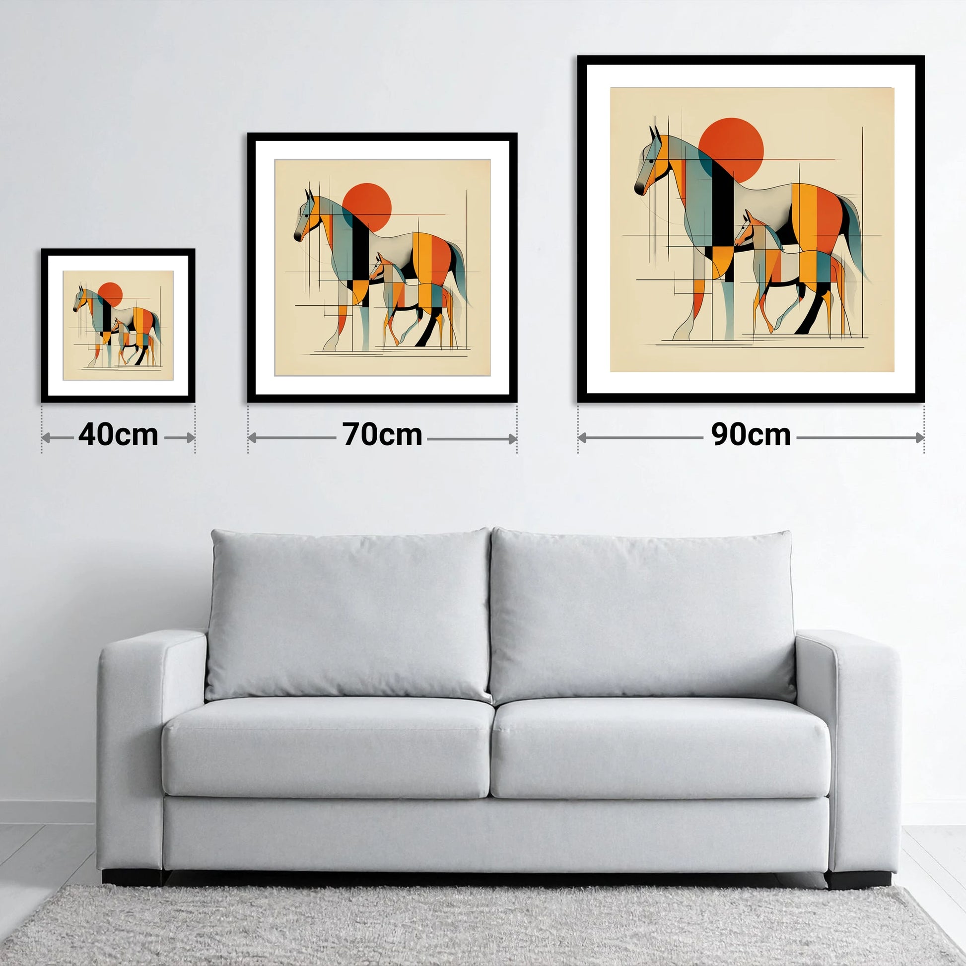Harmony in Form - size guide showing 40cm, 70cm and 90cm art prints