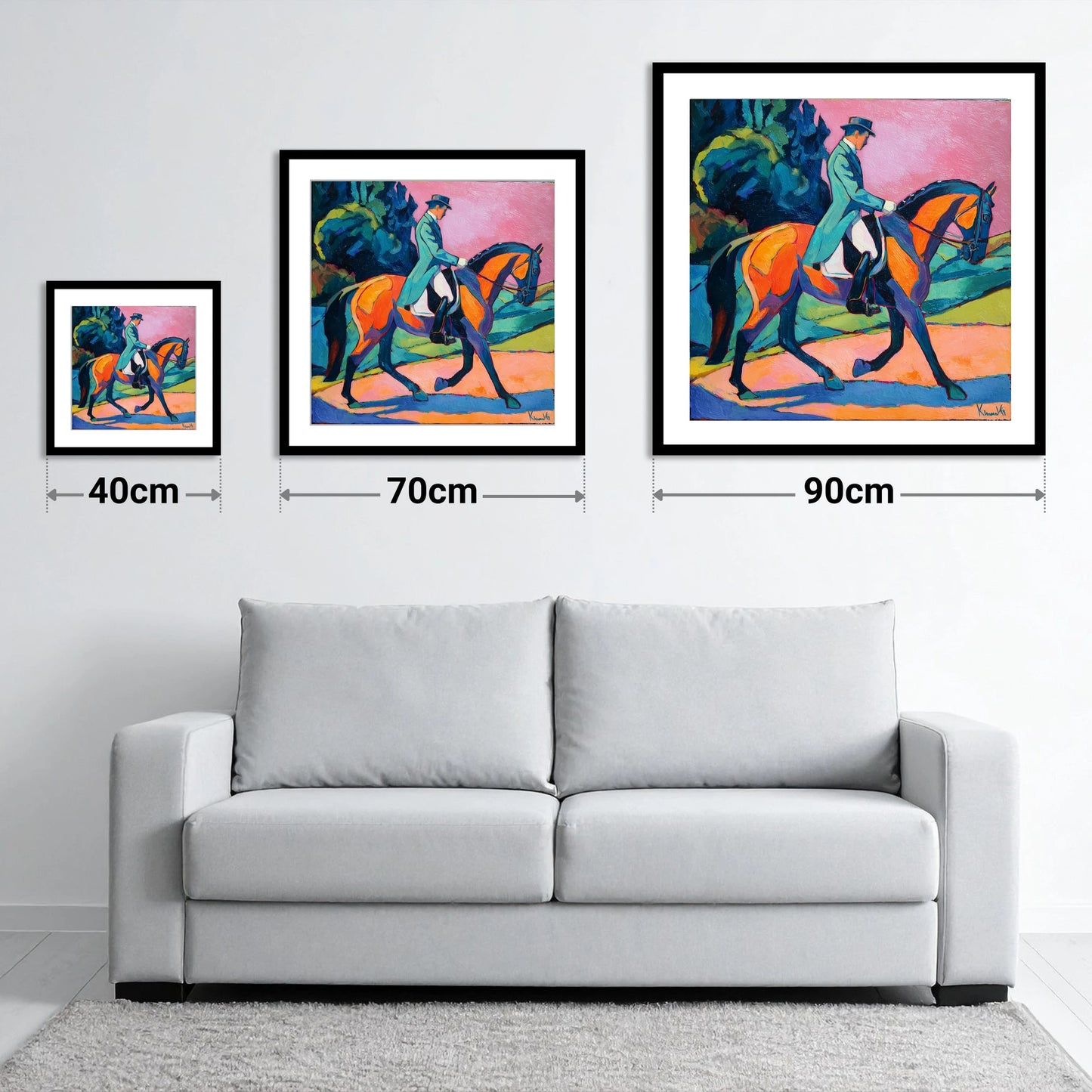 Bold Dressage Harmony - size guide showing 40cm, 70cm and 90cm art prints