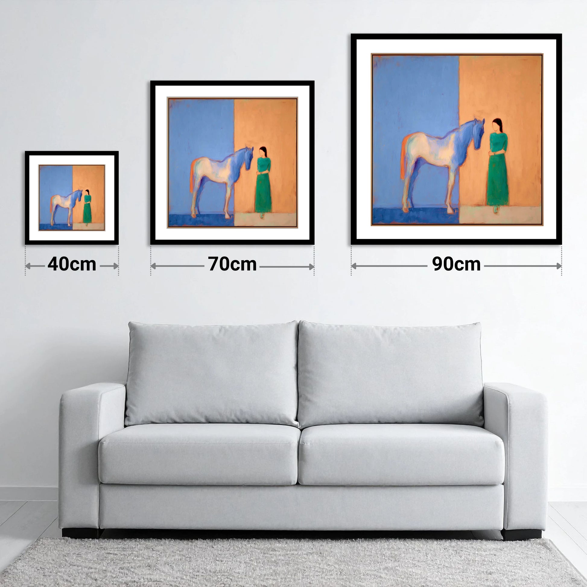 The Silent Dialogue - size guide showing 40cm, 70cm and 90cm art prints