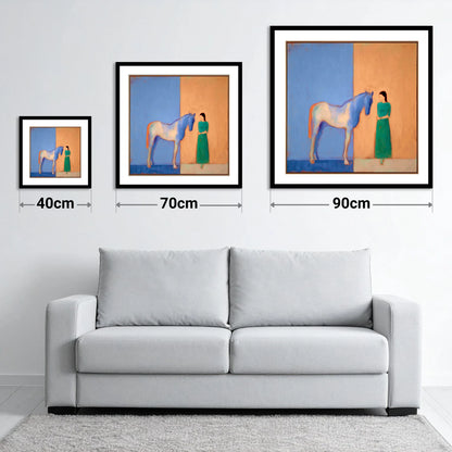 The Silent Dialogue - size guide showing 40cm, 70cm and 90cm art prints