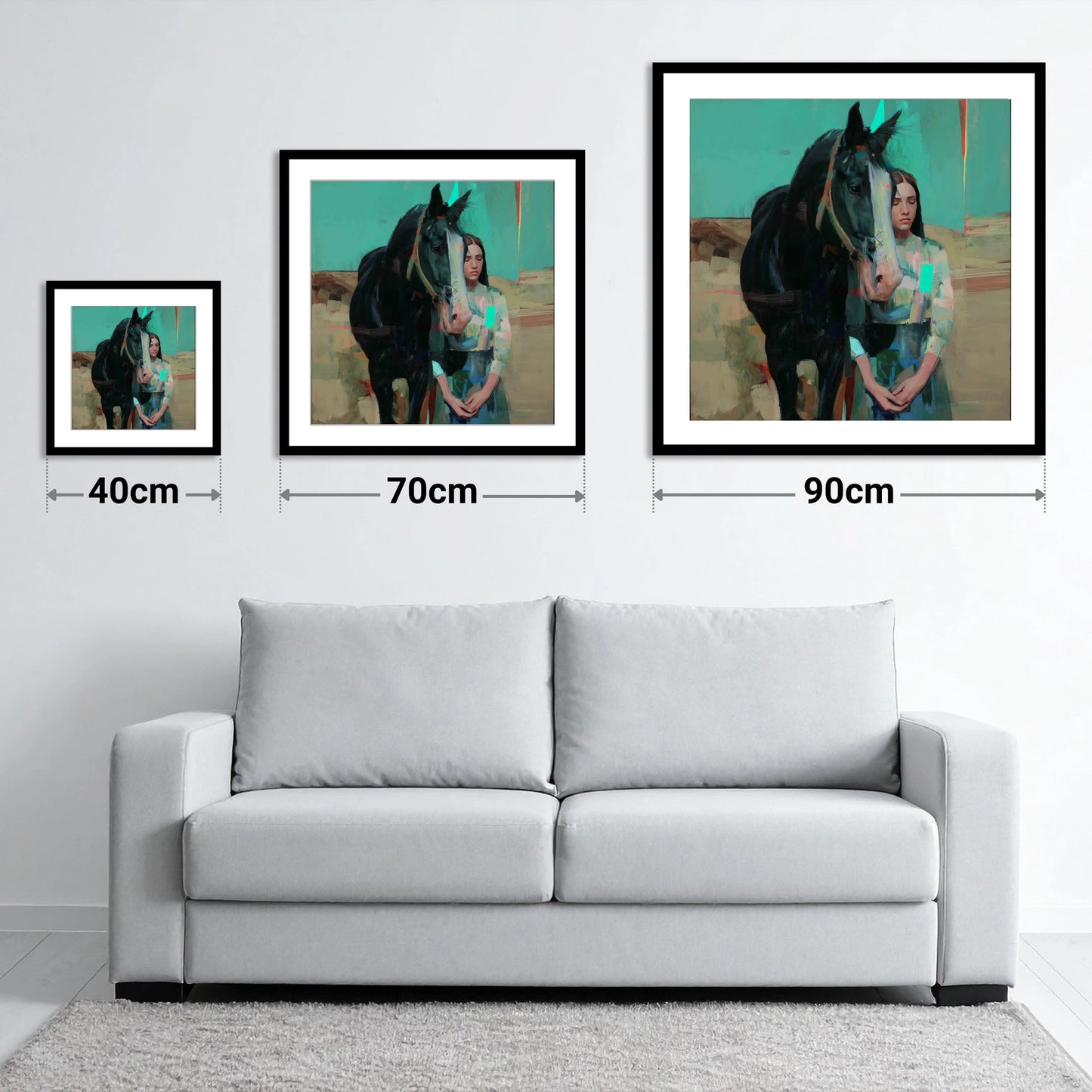 The Quiet Bond - size guide showing 40cm, 70cm and 90cm art prints