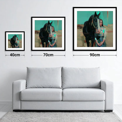 The Quiet Bond - size guide showing 40cm, 70cm and 90cm art prints
