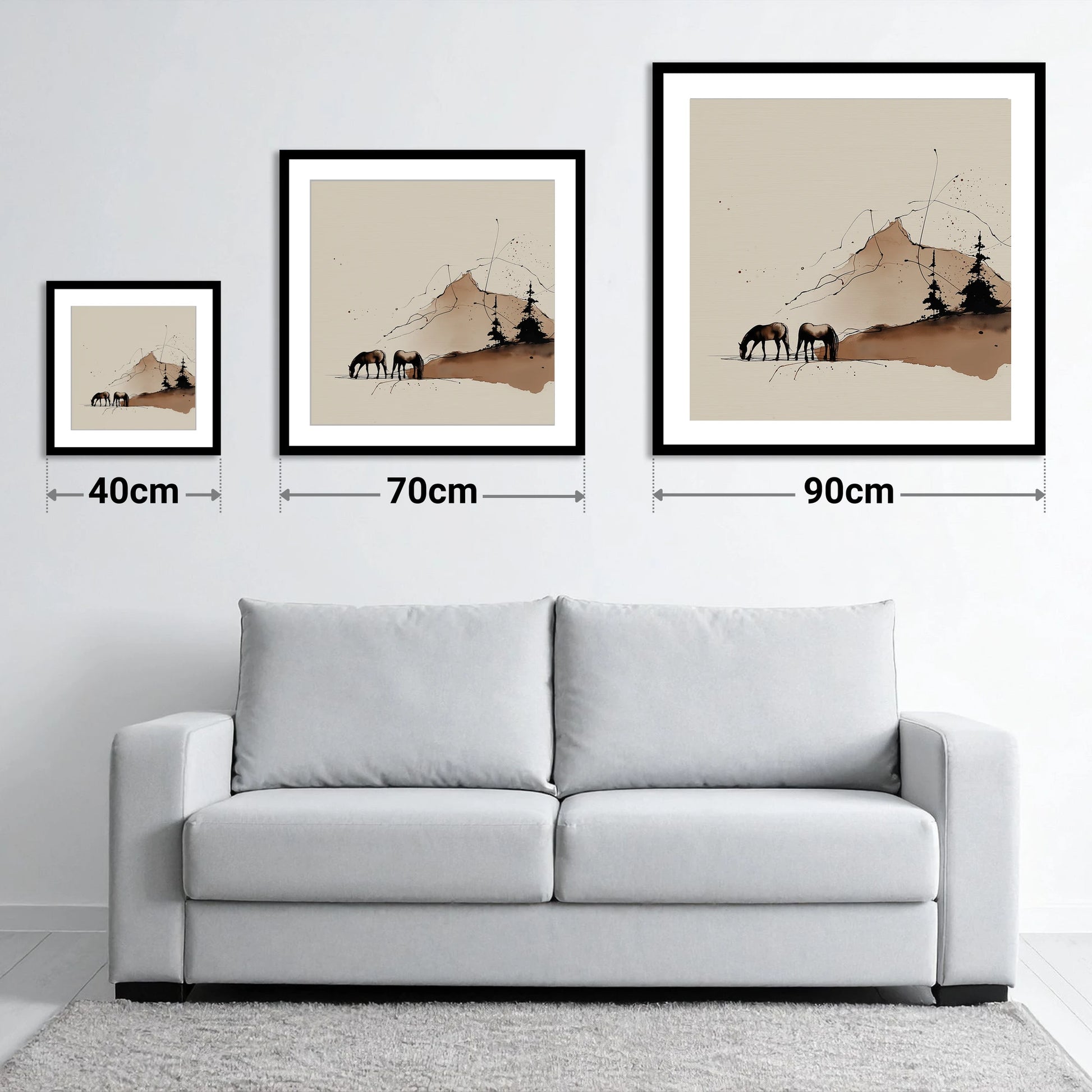 Highland Grazing - size guide showing 40cm, 70cm and 90cm art prints