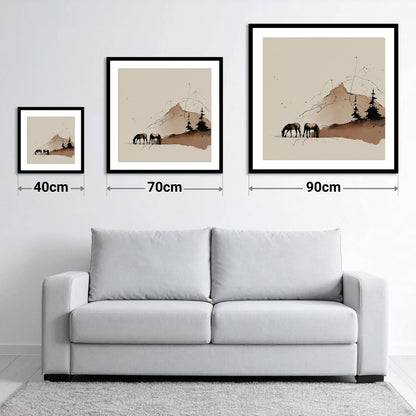Highland Grazing - size guide showing 40cm, 70cm and 90cm art prints