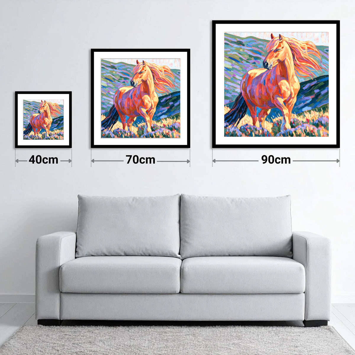 Colourful Golden Horse Portrait - size guide showing 40cm, 70cm and 90cm art prints