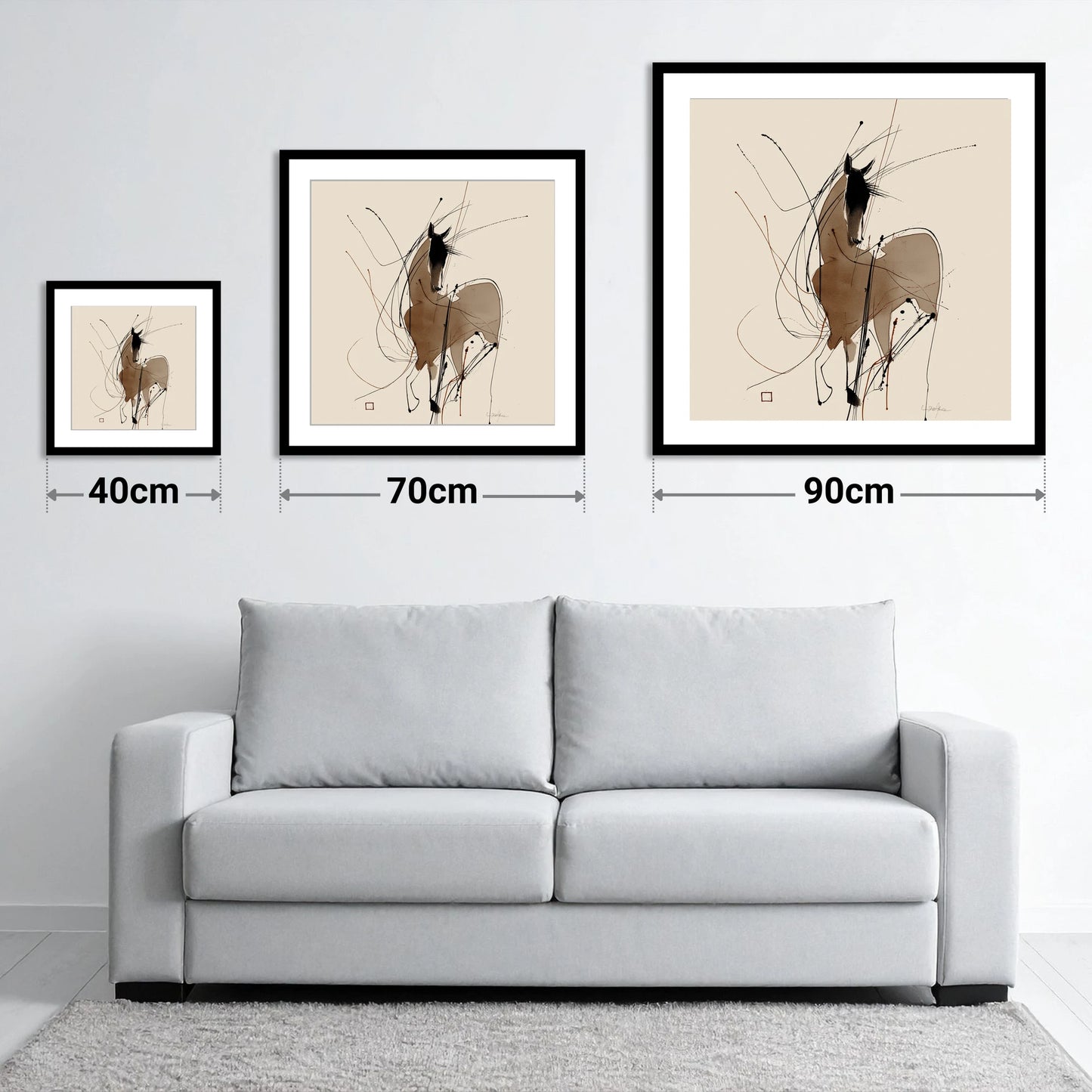 Dynamic Equine Silhouette - size guide showing 40cm, 70cm and 90cm art prints