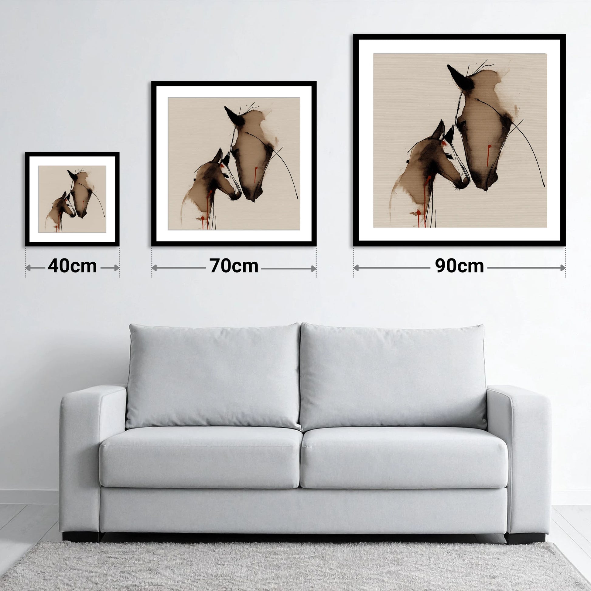 Unbreakable Bond - size guide showing 40cm, 70cm and 90cm art prints