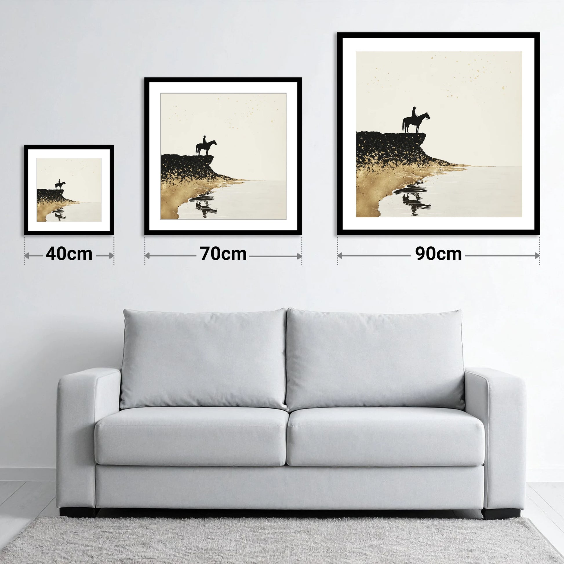 Golden Shores Silhouette - size guide showing 40cm, 70cm and 90cm art prints