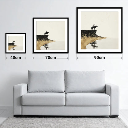Golden Shores Silhouette - size guide showing 40cm, 70cm and 90cm art prints