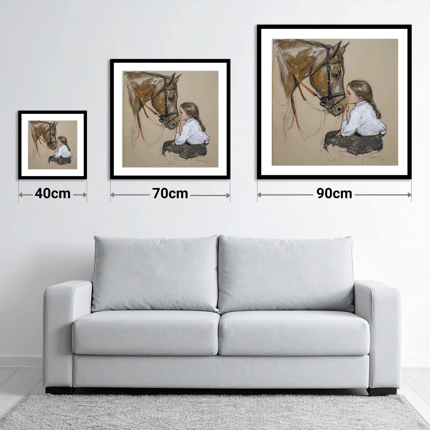A Quiet Understanding - size guide showing 40cm, 70cm and 90cm art prints