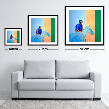 Stillness In The Saddle - size guide showing 40cm, 70cm and 90cm art prints