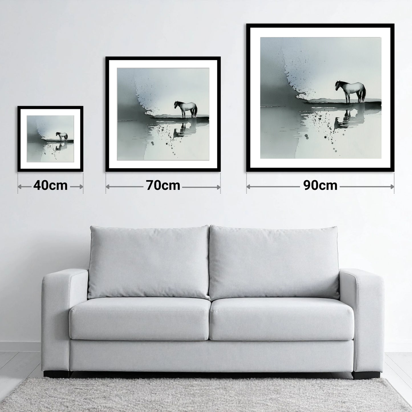 Stillness in Grey - size guide showing 40cm, 70cm and 90cm art prints