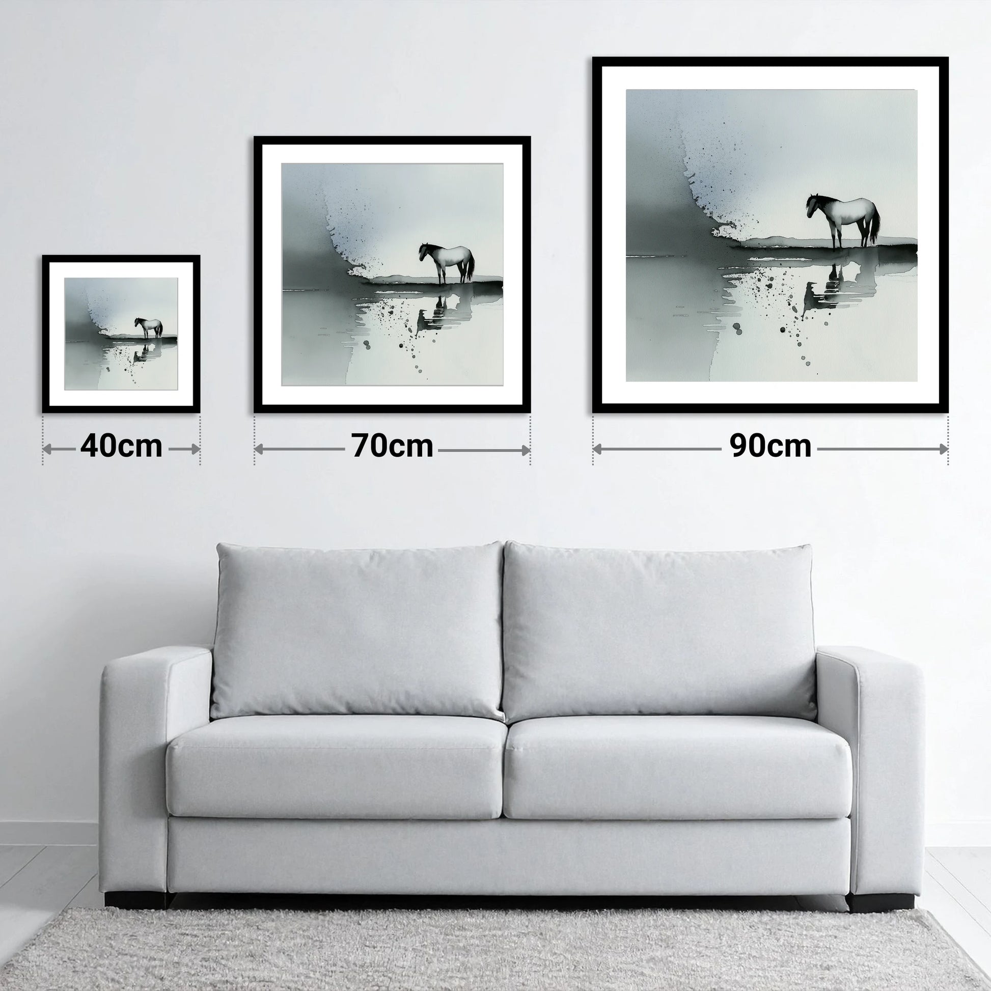 Stillness in Grey - size guide showing 40cm, 70cm and 90cm art prints