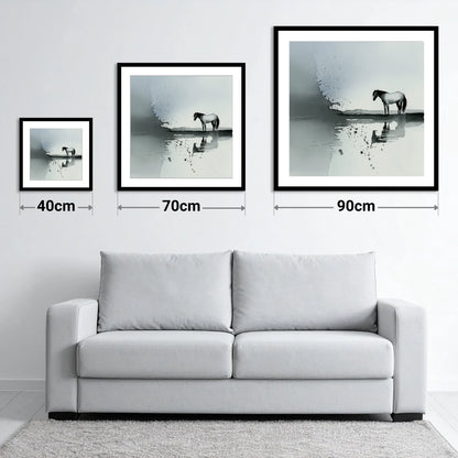 Stillness in Grey - size guide showing 40cm, 70cm and 90cm art prints