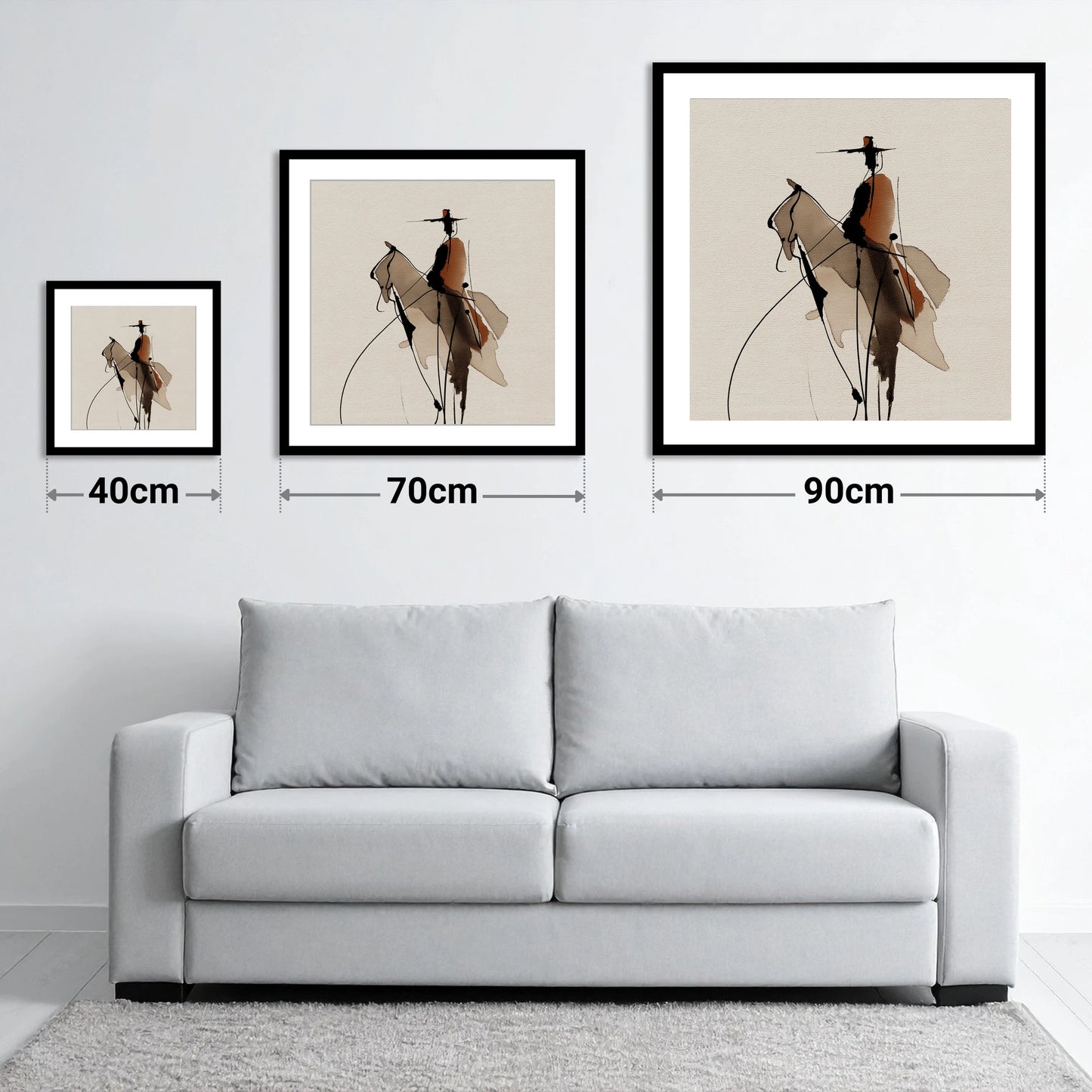 Vaquero Silhouette - size guide showing 40cm, 70cm and 90cm art prints
