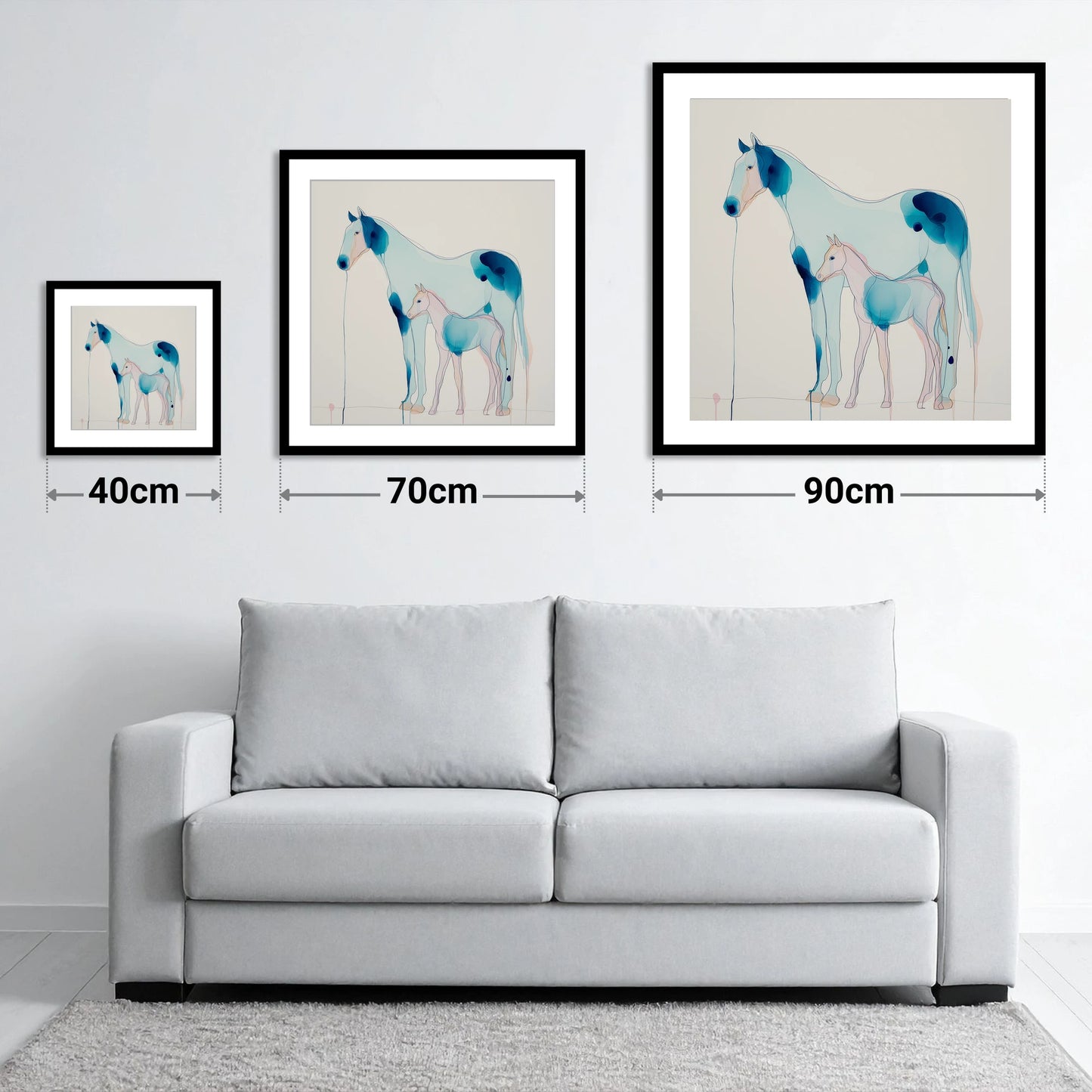 Ethereal Bond - size guide showing 40cm, 70cm and 90cm art prints