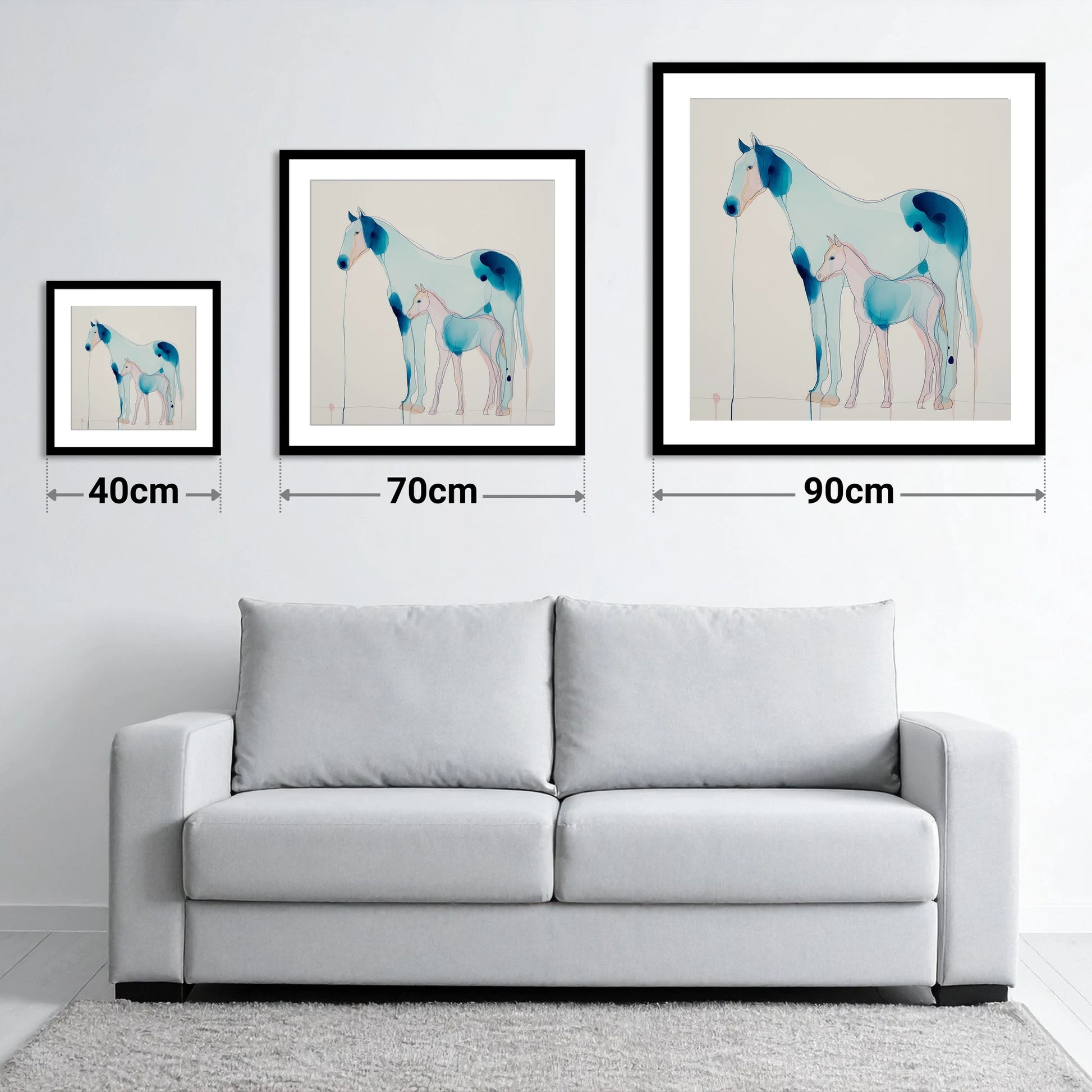 Ethereal Bond - size guide showing 40cm, 70cm and 90cm art prints
