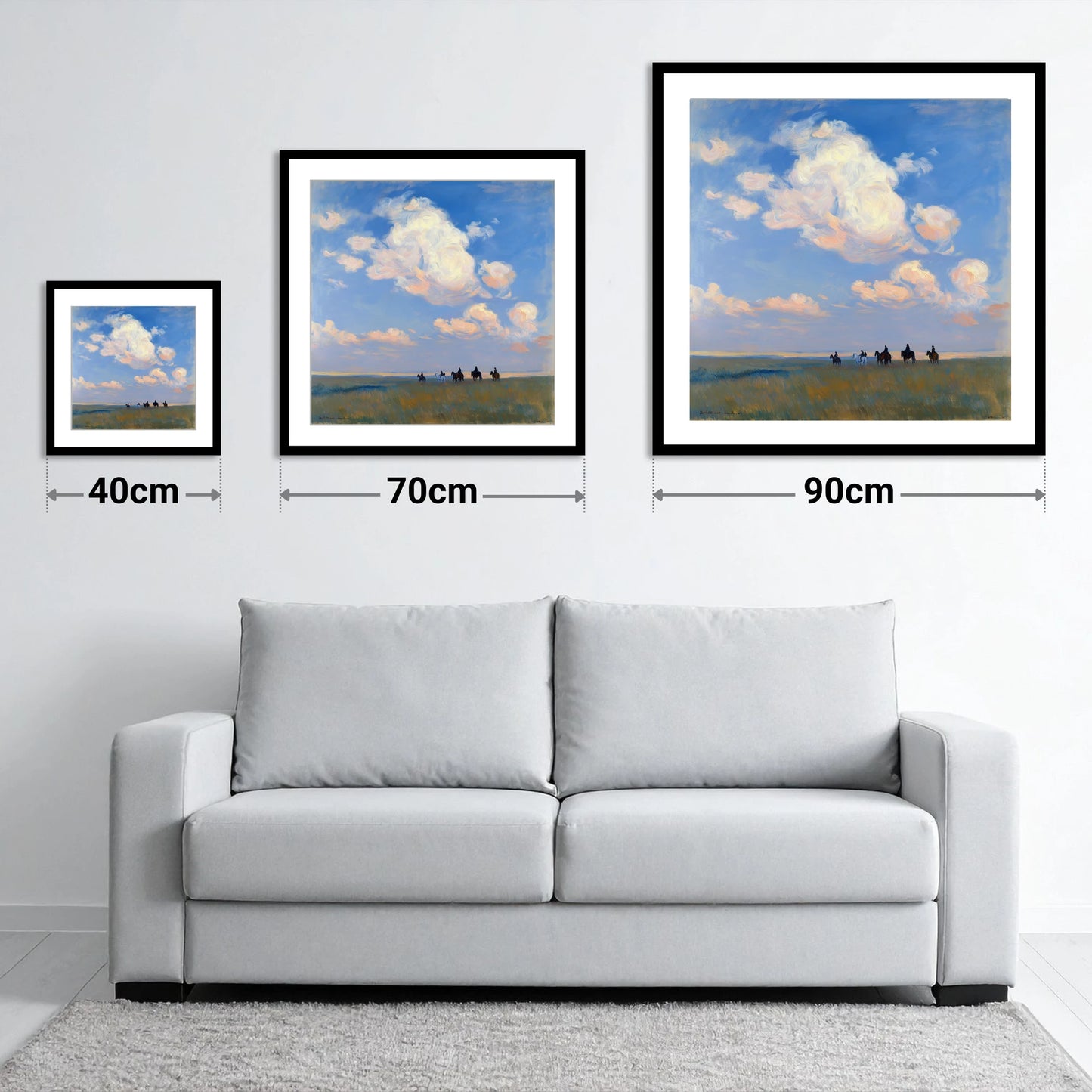 Endless Horizon Hack - size guide showing 40cm, 70cm and 90cm art prints