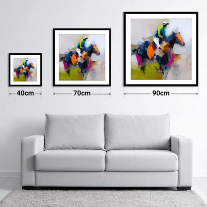 The Vivid Furlong - size guide showing 40cm, 70cm and 90cm art prints
