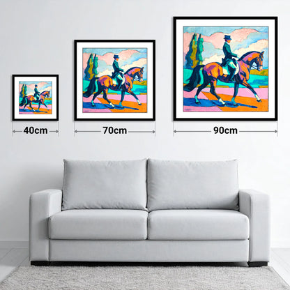 Vibrant Dressage Rhythm - size guide showing 40cm, 70cm and 90cm art prints