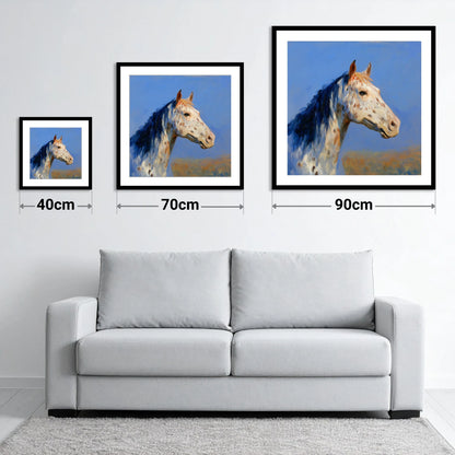 Azure Appaloosa Portrait - size guide showing 40cm, 70cm and 90cm art prints