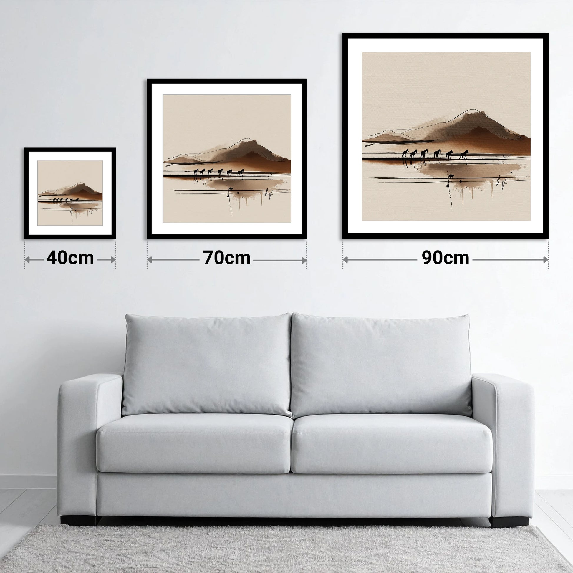 Journey Beneath the Peak - size guide showing 40cm, 70cm and 90cm art prints