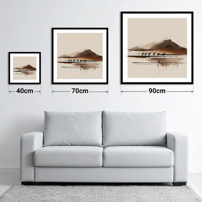Journey Beneath the Peak - size guide showing 40cm, 70cm and 90cm art prints