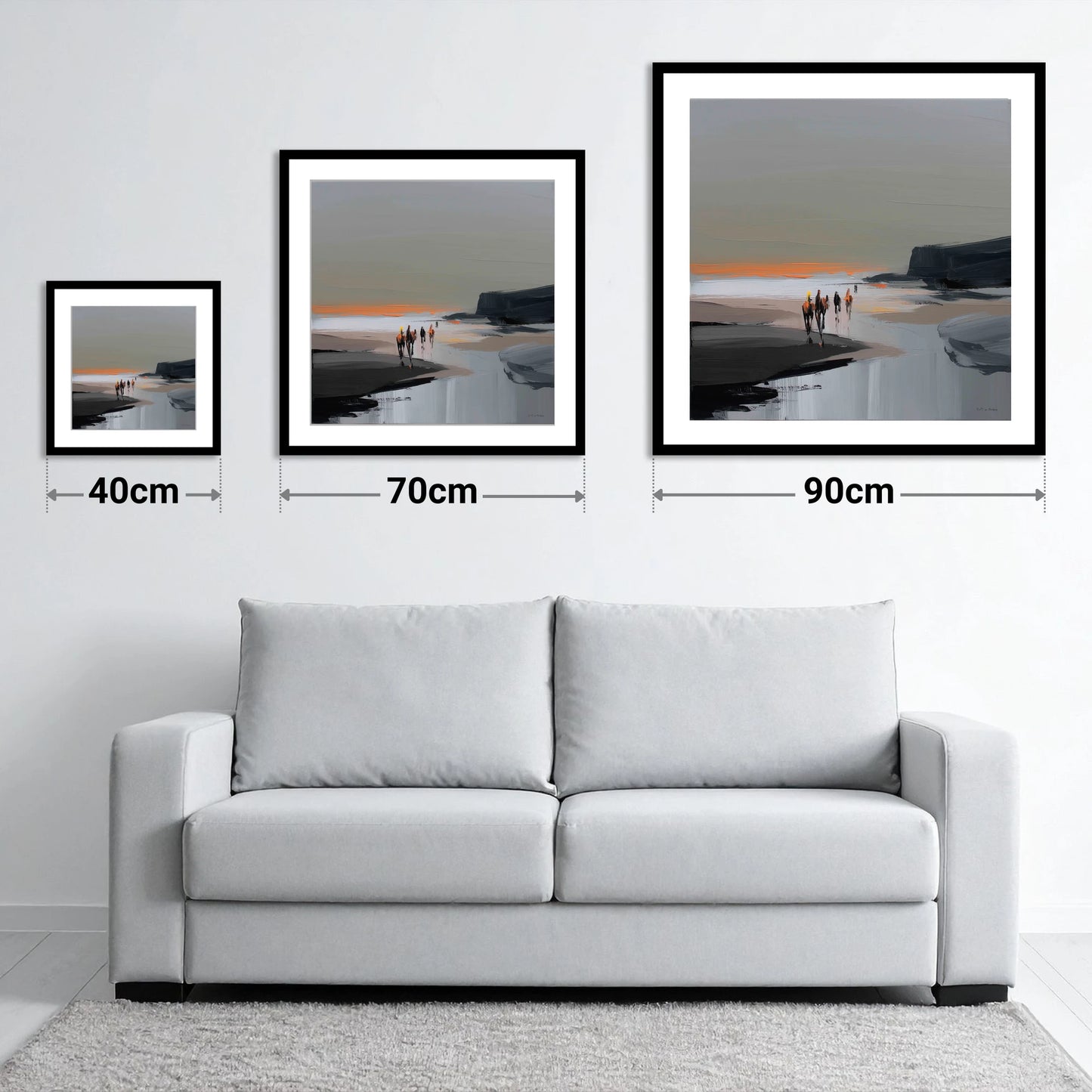 Sunset Coastal Hack - size guide showing 40cm, 70cm and 90cm art prints