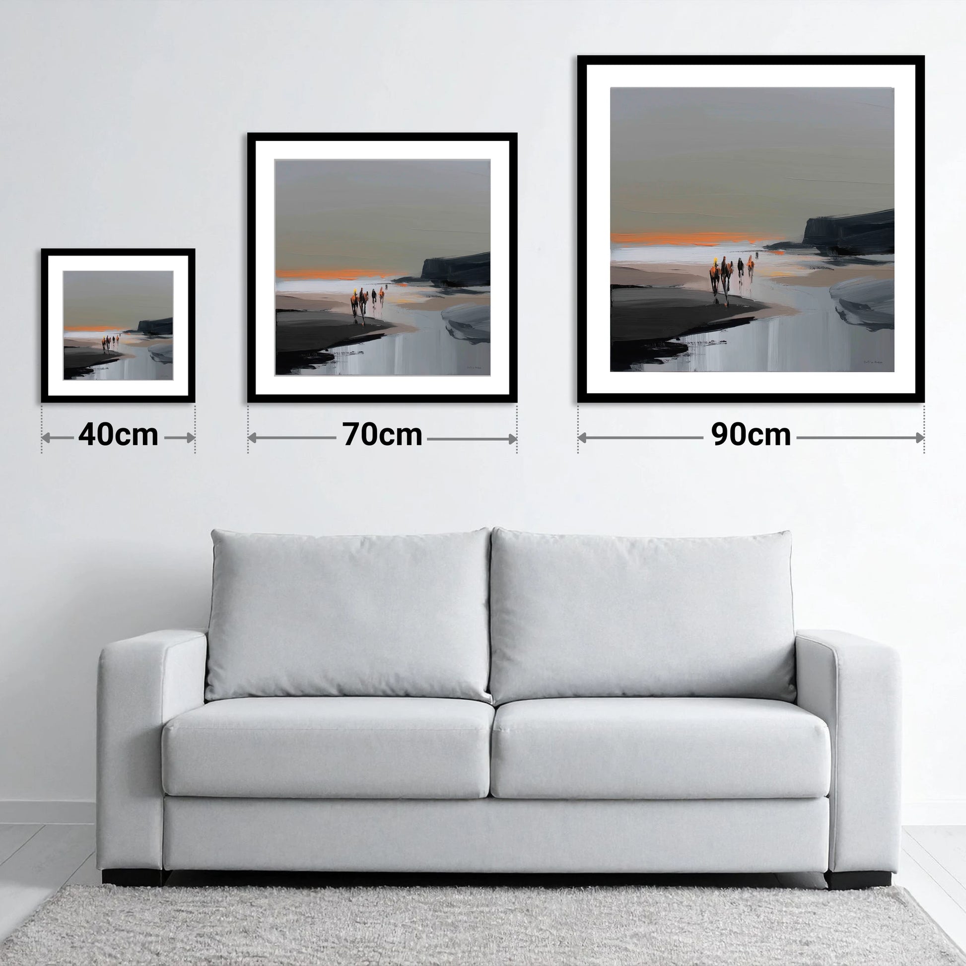 Sunset Coastal Hack - size guide showing 40cm, 70cm and 90cm art prints