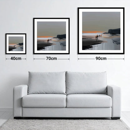 Sunset Coastal Hack - size guide showing 40cm, 70cm and 90cm art prints