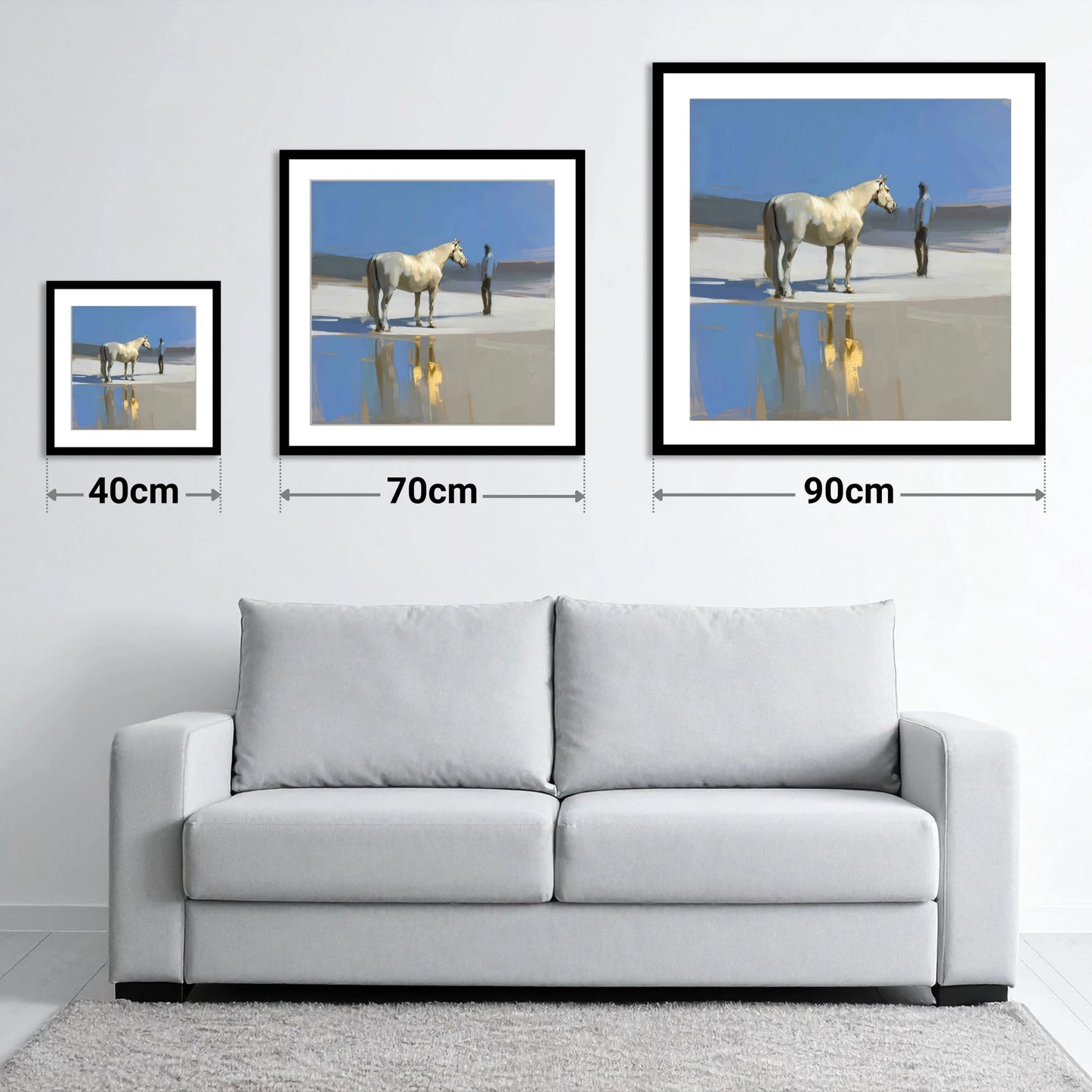 Shared Blue Horizon - size guide showing 40cm, 70cm and 90cm art prints