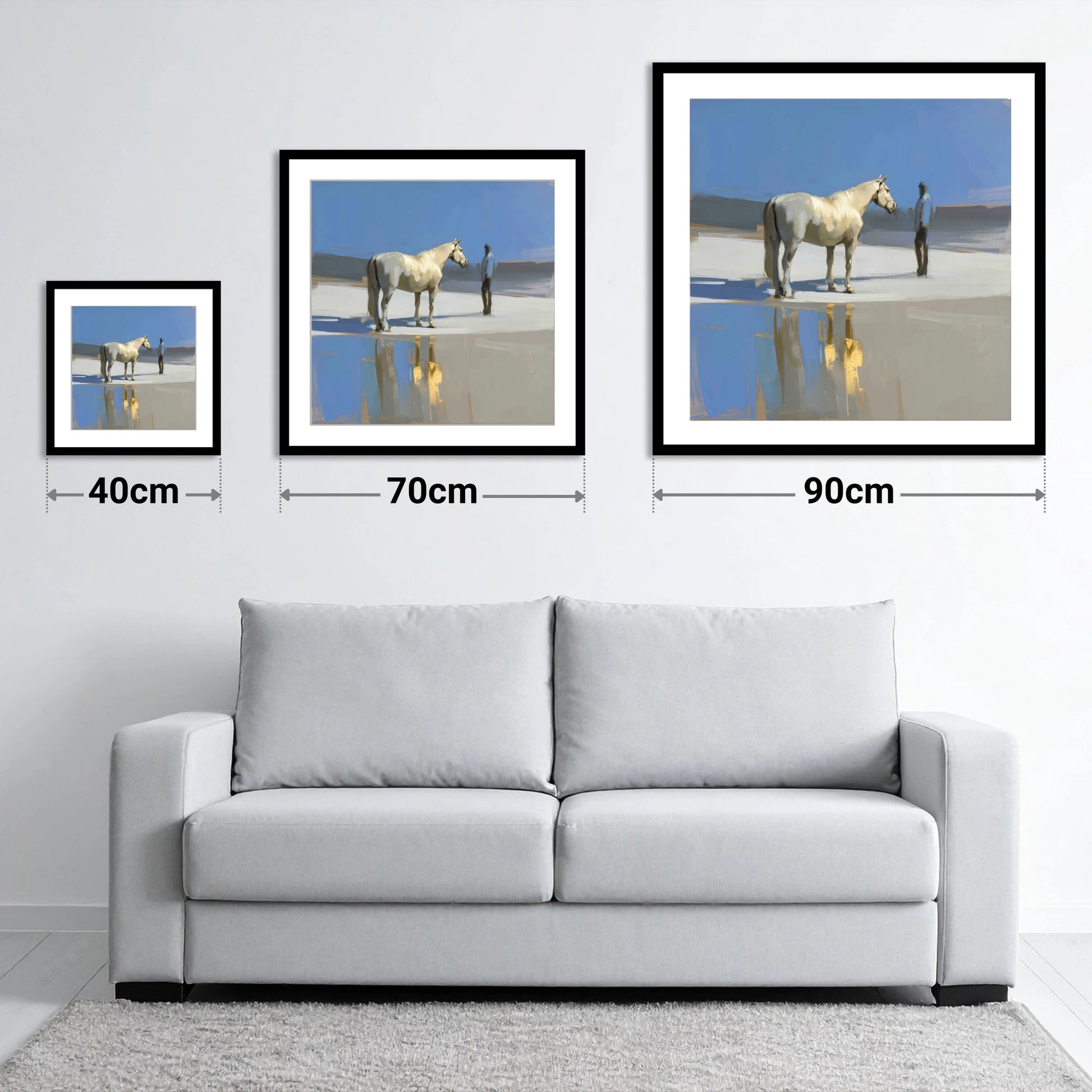 Shared Blue Horizon - size guide showing 40cm, 70cm and 90cm art prints