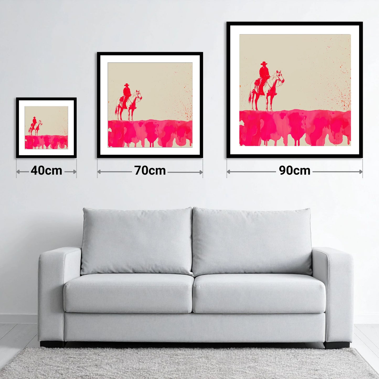 Crimson Frontier - size guide showing 40cm, 70cm and 90cm art prints