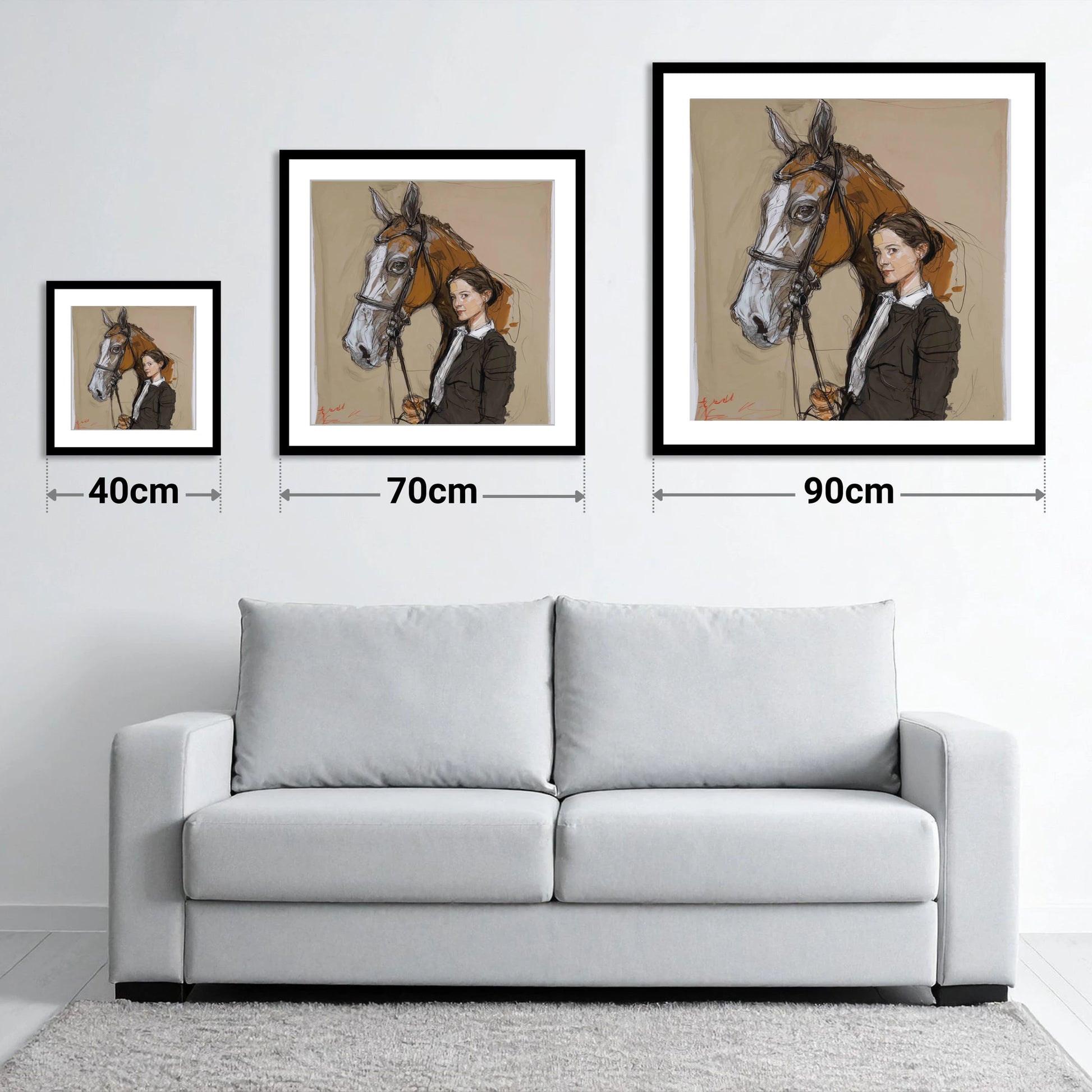 The Rider's Bond - size guide showing 40cm, 70cm and 90cm art prints